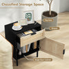 Rattan nightstand with drawer and cabinet, featuring a black finish and natural wood accents for organized storage.
