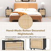 Rattan nightstand set of 2 with drawer and cabinet, featuring natural decor and sturdy metal legs for bedroom.