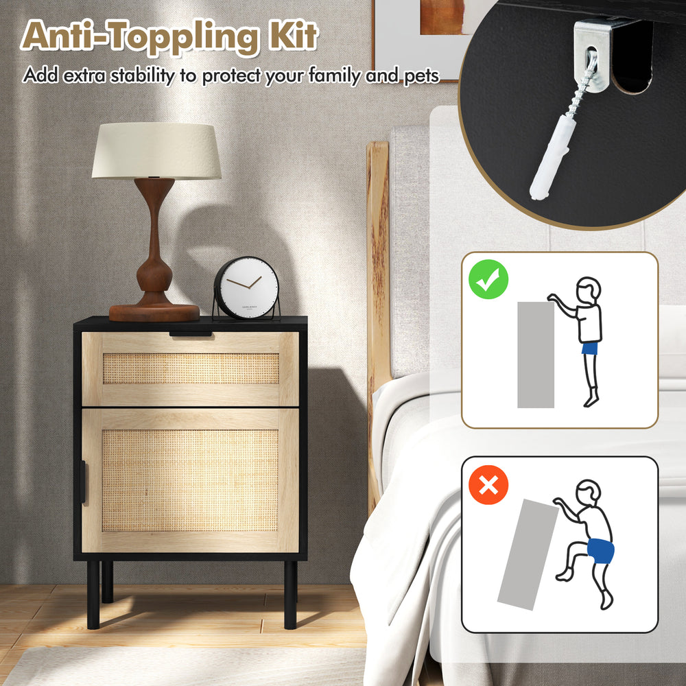 Rattan nightstand with drawer and cabinet, featuring metal legs and anti-toppling kit for added stability beside your.