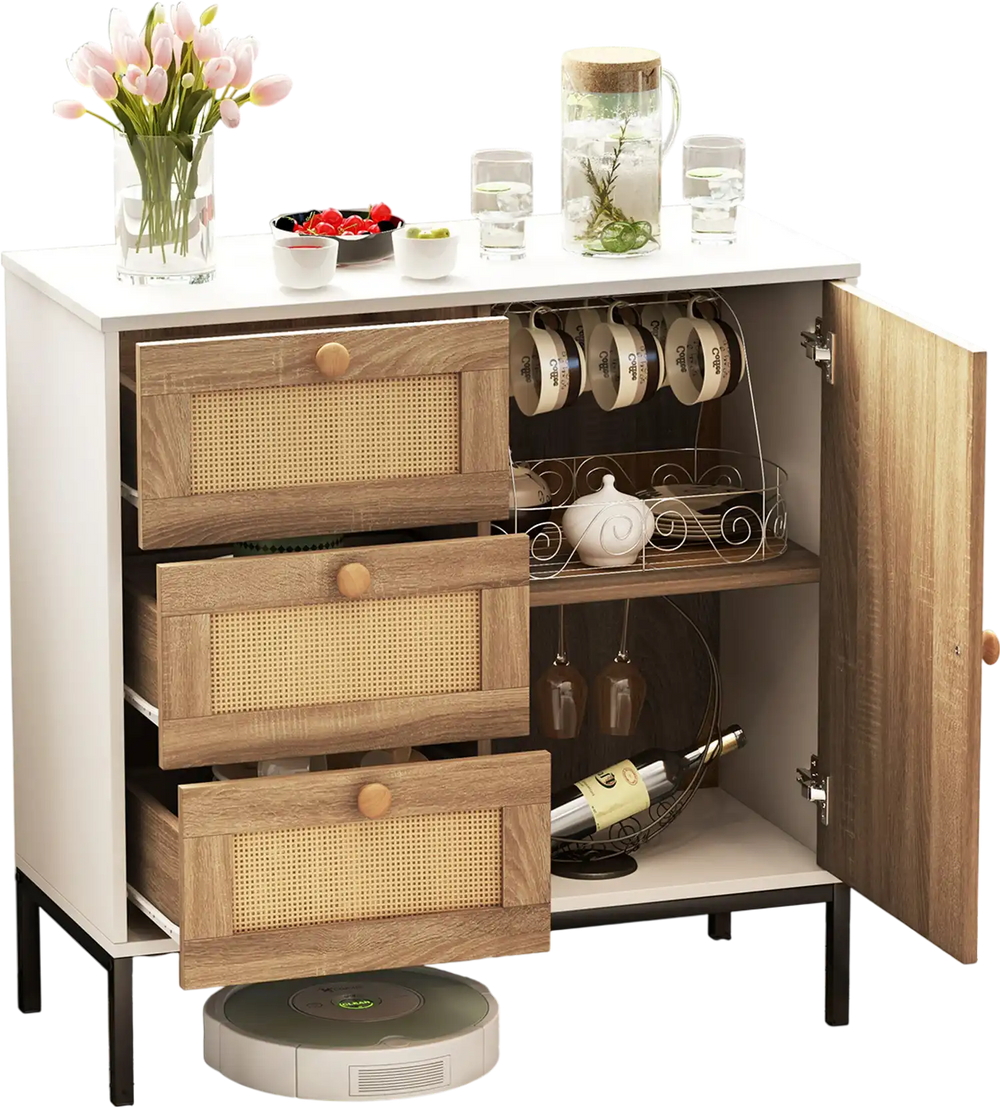 Rattan sideboard buffet cabinet in white with 1 door and 3 drawers, perfect for living room or dining room storage.