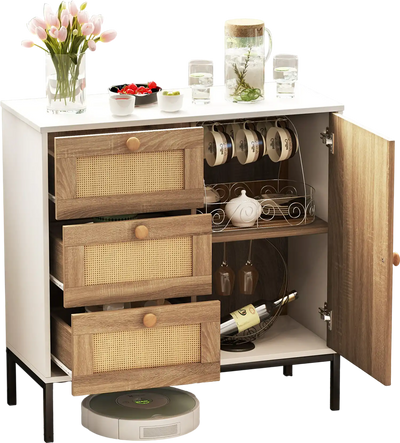 Costway Rattan Sideboard Buffet Cabinet 1 Door 3 Drawers White 87694325 New