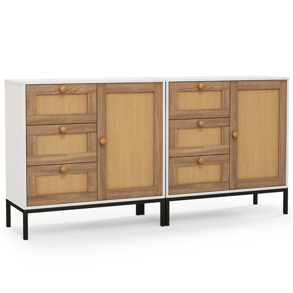 Rattan sideboard buffet cabinet featuring 1 door and 3 drawers, with a white finish and sturdy metal legs for versatile.
