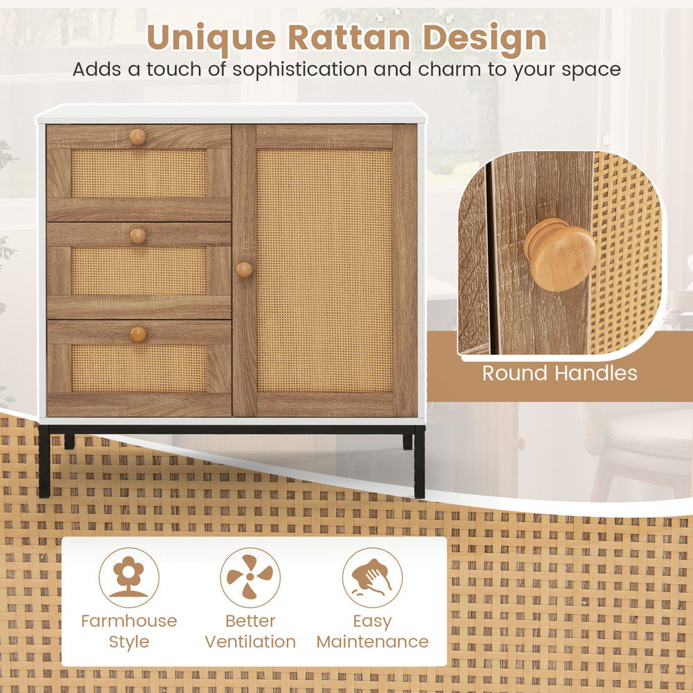 Close-up of rattan texture on the sideboard buffet cabinet, showcasing its unique design and charm for stylish storage.