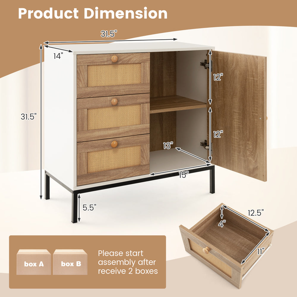 Rattan sideboard buffet cabinet with 1 door and 3 drawers, featuring a white finish and metal legs for sturdy storage.
