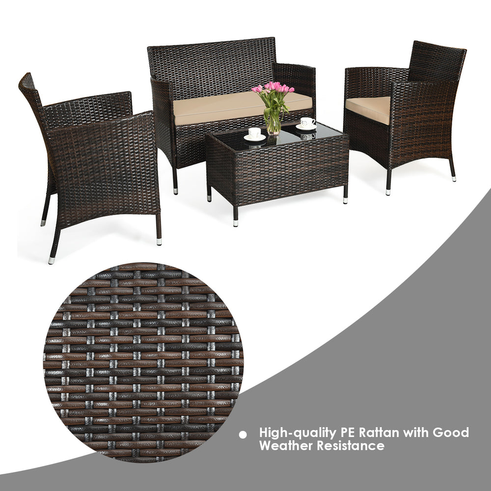 Costway 4 Piece Outdoor Rattan Sofa Set Glass Coffee Table New