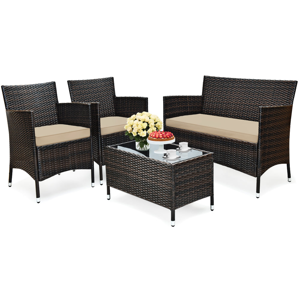 Costway 4 Piece Outdoor Rattan Sofa Set Glass Coffee Table New