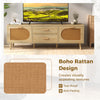 Rattan TV stand for 65-inch TV featuring dual drawers, solid wood legs, and a boho design for stylish storage.