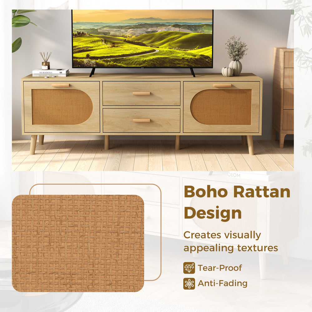 Rattan TV stand for 65-inch TV featuring dual drawers, solid wood legs, and a boho design for stylish storage.
