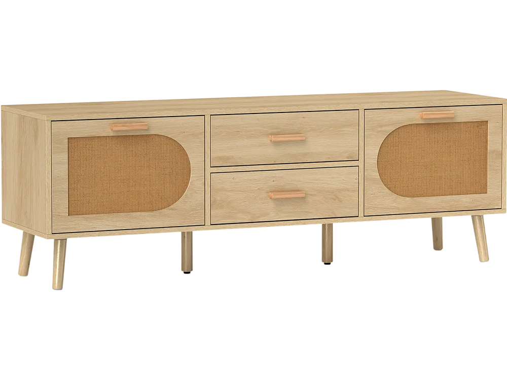 Rattan TV stand with dual drawers and cabinets, solid wood legs, perfect for 65-inch TVs in any living space.