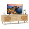 Rattan TV stand with solid wood legs, dual drawers, and spacious top for 65-inch TV, perfect for living room decor.