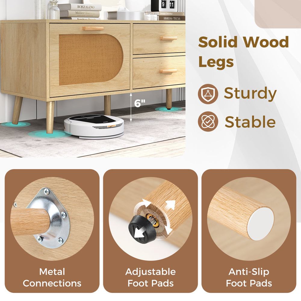 Rattan TV stand with solid wood legs, dual drawers, and adjustable foot pads for stable support and easy cleanup.