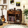 Rustic brown record player stand with power outlet, featuring open cubby, drawer, and sturdy metal legs for vinyl.