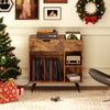 Record player stand in rustic brown with open cubby, drawer, and shelves for vinyl records and decor in a cozy setting.