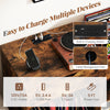Record player stand in rustic brown with built-in charging station and cable management for organized device charging.