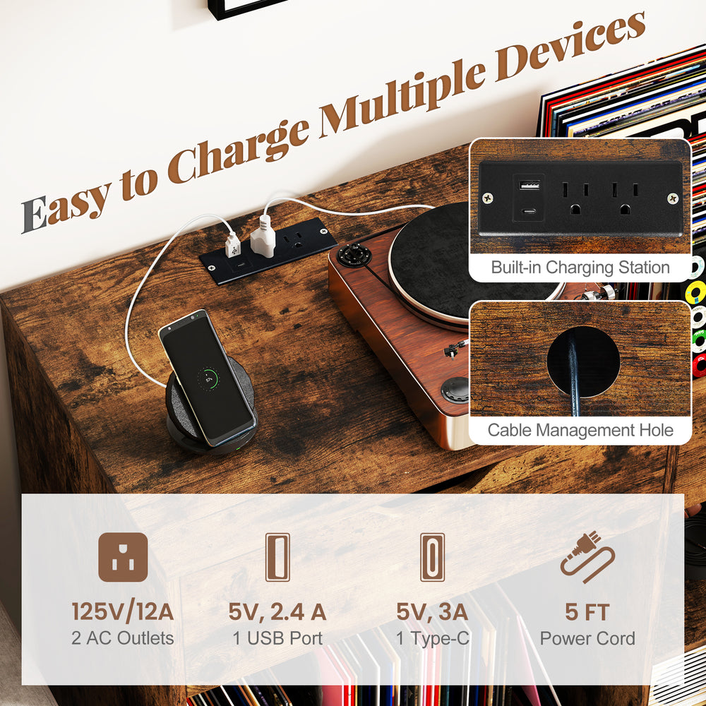 Record player stand in rustic brown with built-in charging station and cable management for organized device charging.