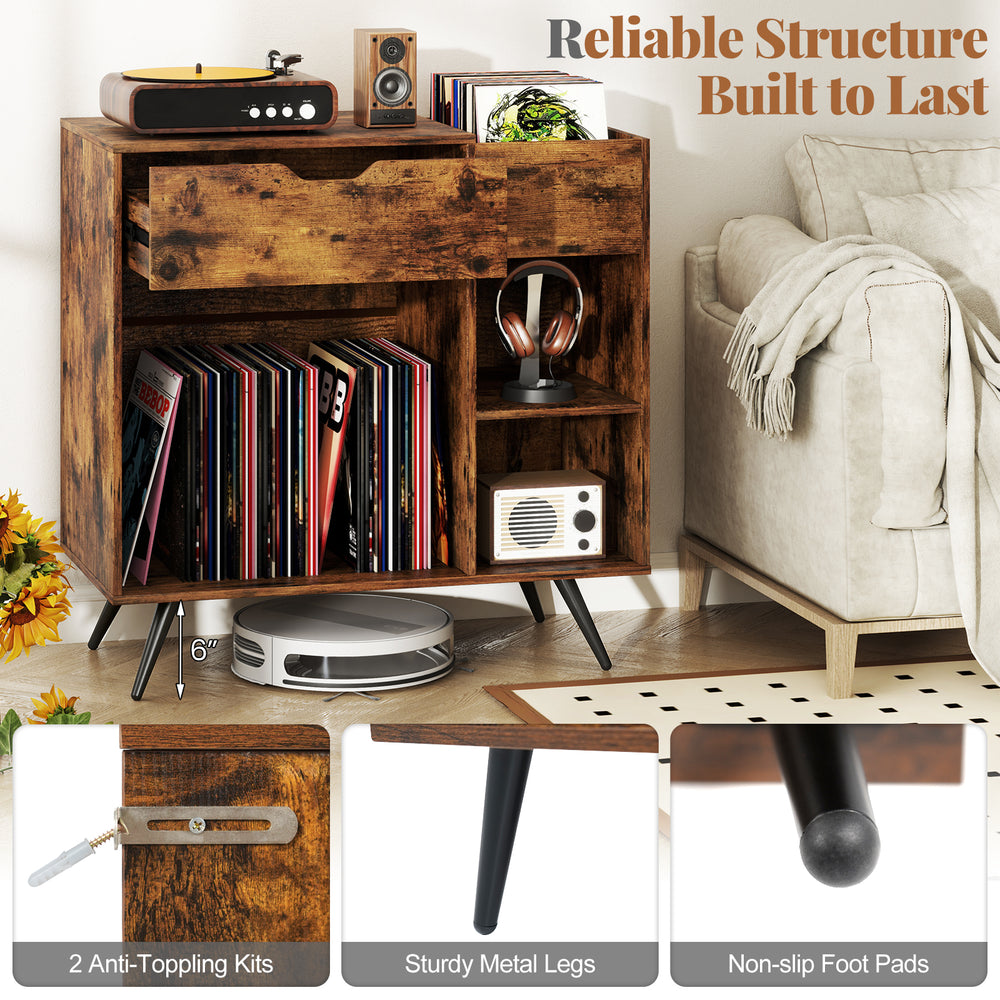 Record player stand in rustic brown with storage drawer, shelves, and sturdy metal legs for vinyl records and devices.