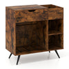 Rustic brown record player stand with charging station, storage drawer, and open cubby for vinyl records and decor.