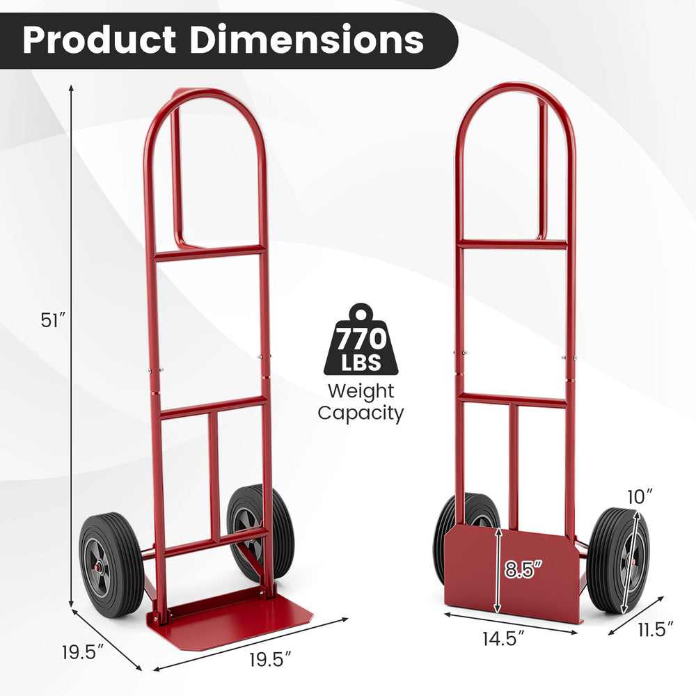 P-handle sack truck in red with 10-inch wheels, dimensions 51" height, 19.5" width, foldable load area for easy.