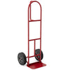 Red P-handle sack truck with 10-inch wheels and foldable load area, ideal for package delivery and moving heavy items.