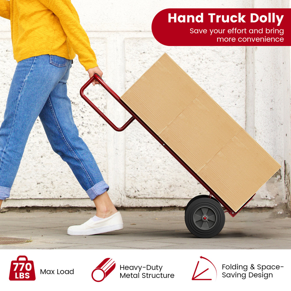 P-handle sack truck with foldable load area, heavy-duty metal structure, and 10-inch wheels for easy maneuvering.