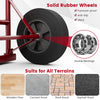 P-handle sack truck with 10-inch solid rubber wheels, designed for smooth movement on various surfaces and easy storage.