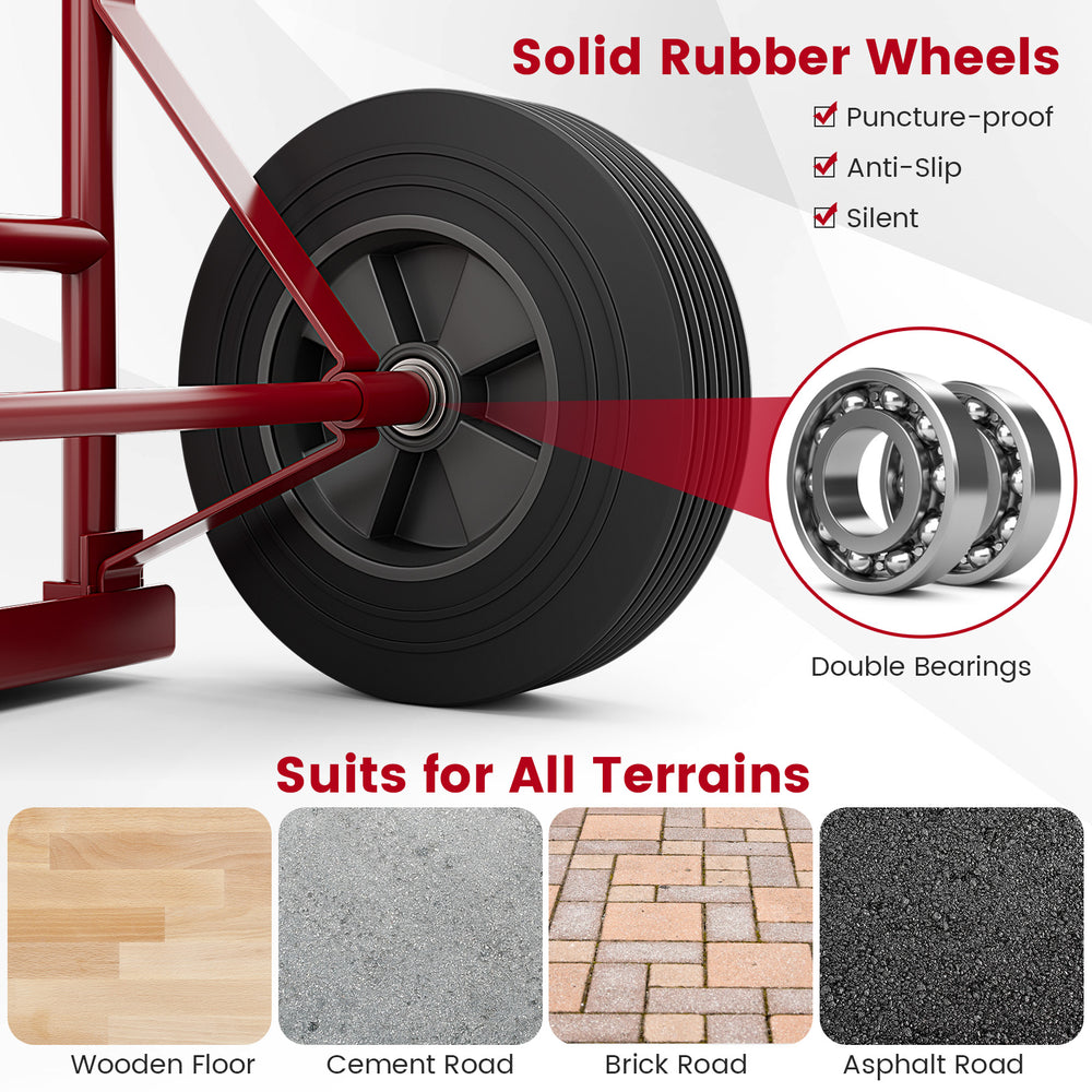 P-handle sack truck with 10-inch solid rubber wheels, designed for smooth movement on various surfaces and easy storage.