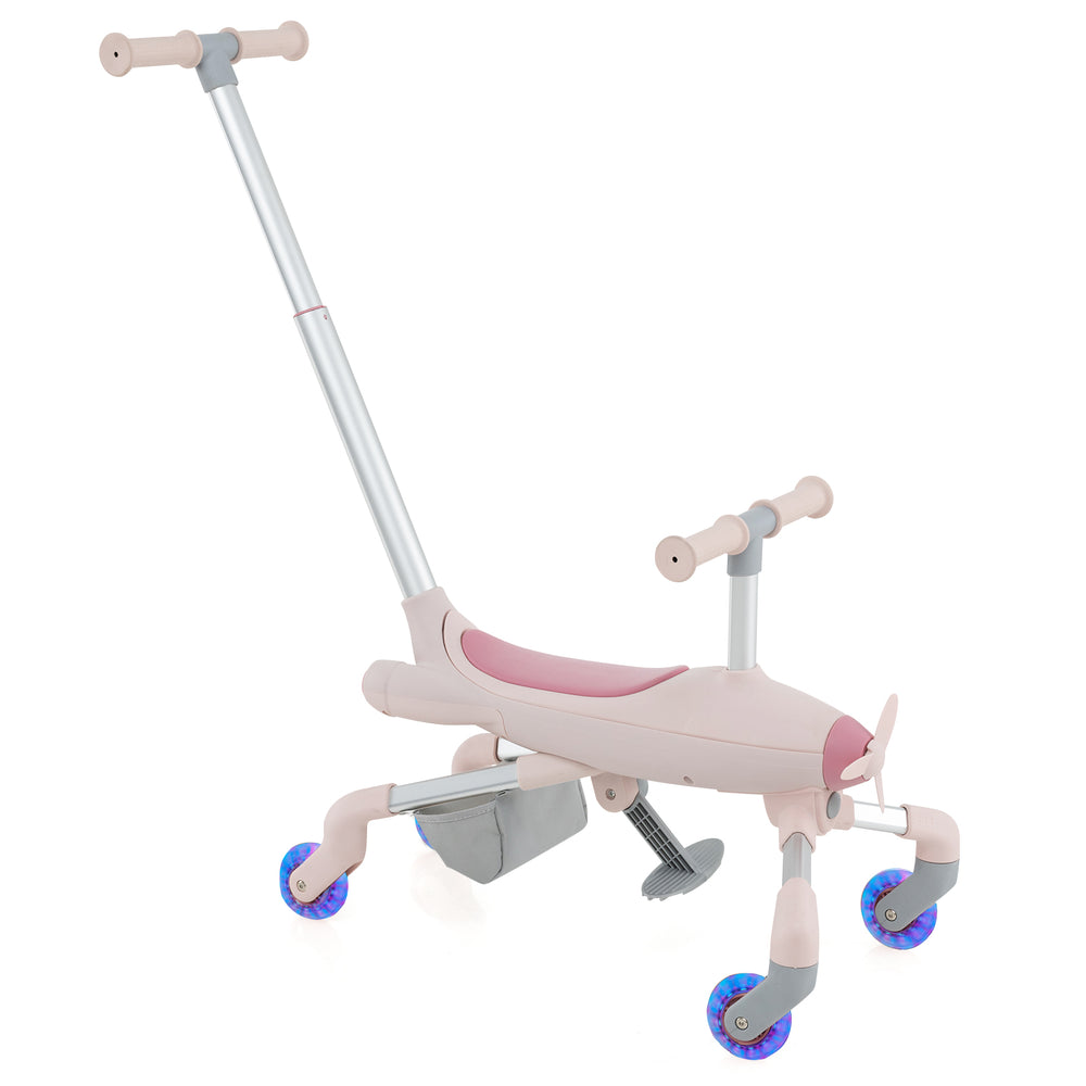 Side view of the pink 2-in-1 kids ride-on push car with colorful LED lighted wheels, ideal for promoting motor skills.