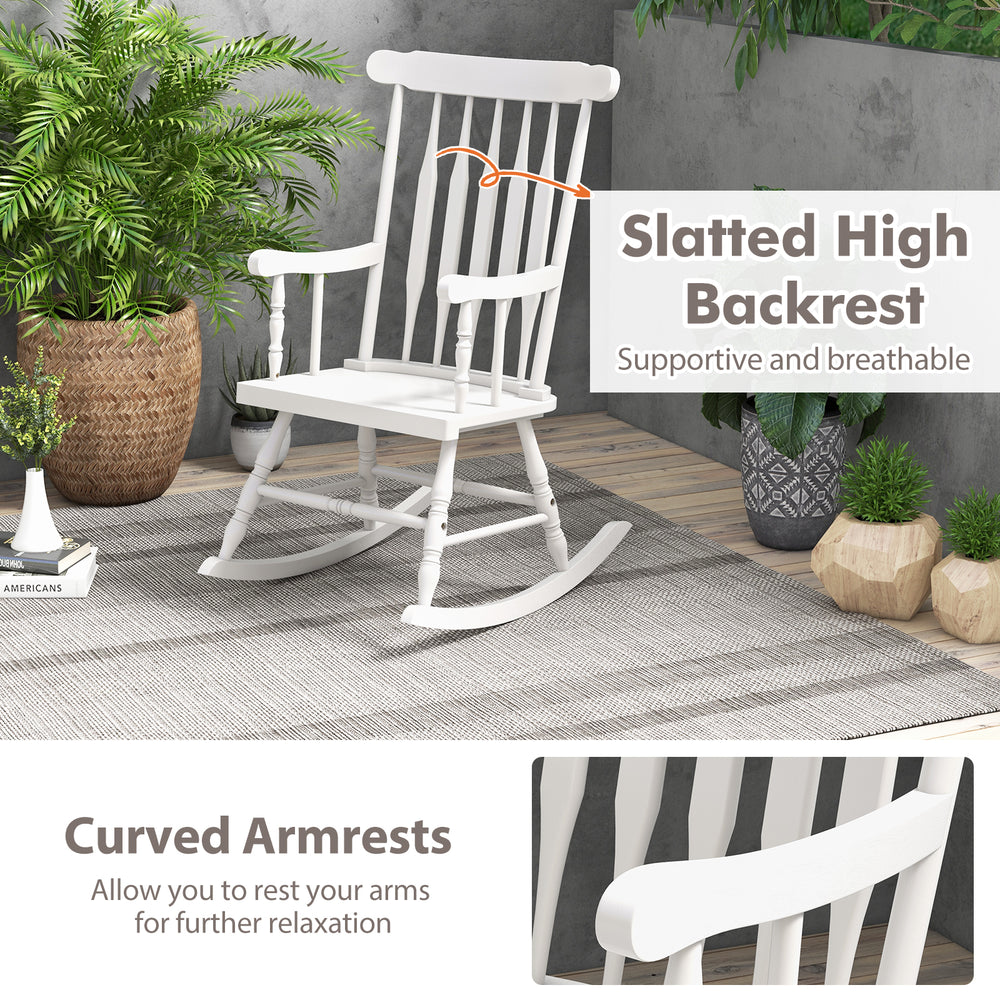 White rocking chair with solid rubber wood frame, slatted high backrest, and curved armrests for indoor and outdoor.