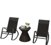 Two black patio rocking chairs with ergonomic backrests on a wooden deck, perfect for backyard relaxation.