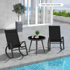 Black patio rocking chairs with ergonomic backrest, placed poolside for relaxation and comfort. Table not included.