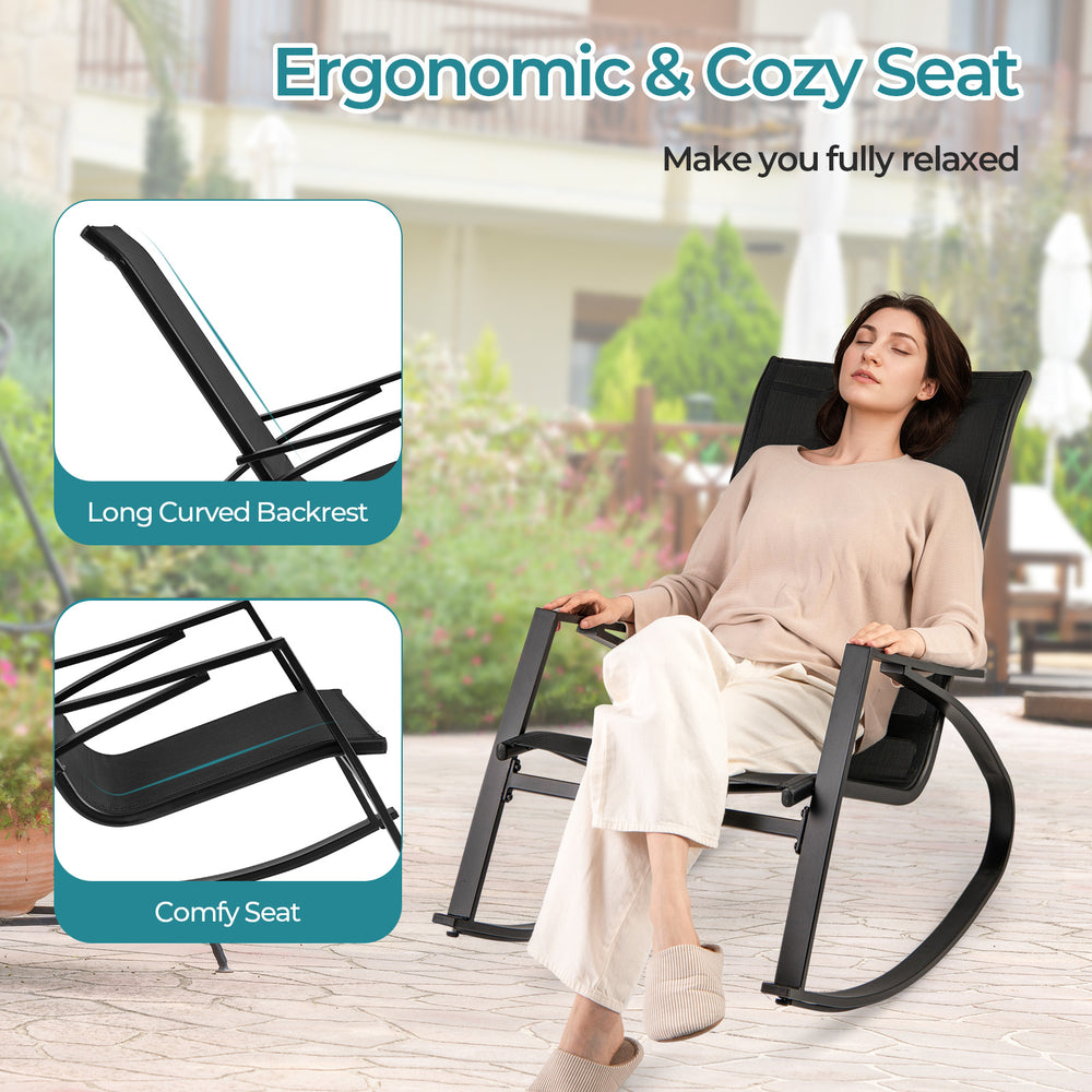 Patio rocking chair with ergonomic backrest and comfy seat, perfect for relaxing by the poolside or balcony.