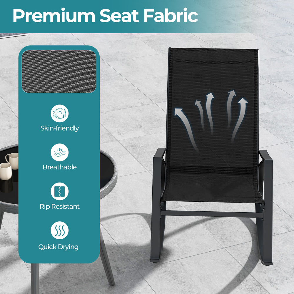 Black patio rocking chair featuring breathable, quick-drying fabric and ergonomic backrest for outdoor relaxation.