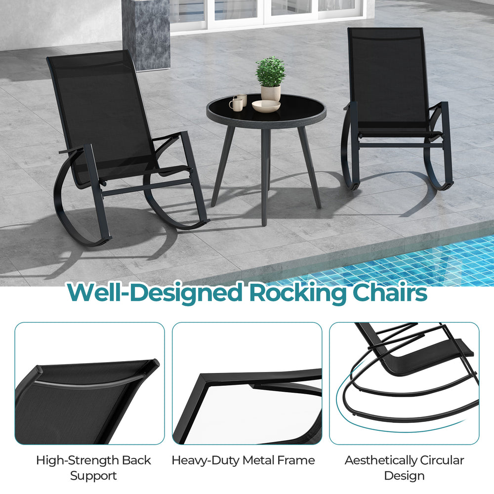 Black patio rocking chairs with ergonomic backrest and sturdy metal frame, perfect for backyard or poolside relaxation.