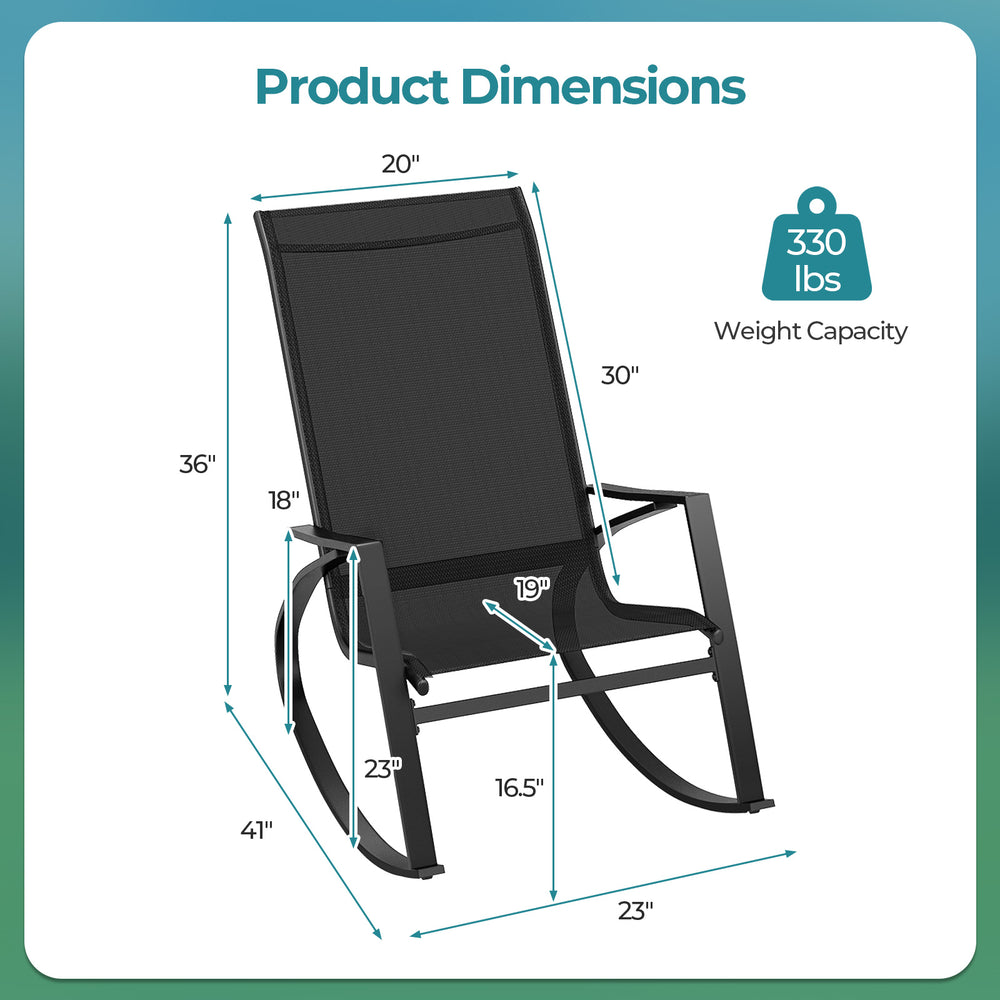 Dimensions of 2 pieces patio rocking chairs with ergonomic backrest, sturdy black metal frame, and 330 lbs weight.