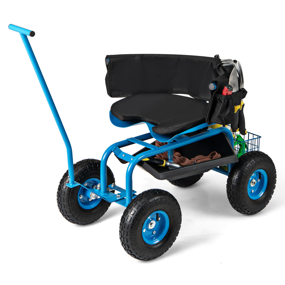 Rolling garden cart in blue with height adjustable swivel seat, storage basket, and 10" inflatable rubber wheels.