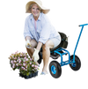 Rolling garden cart with height adjustable swivel seat, blue frame, and storage basket, ideal for gardening tasks.
