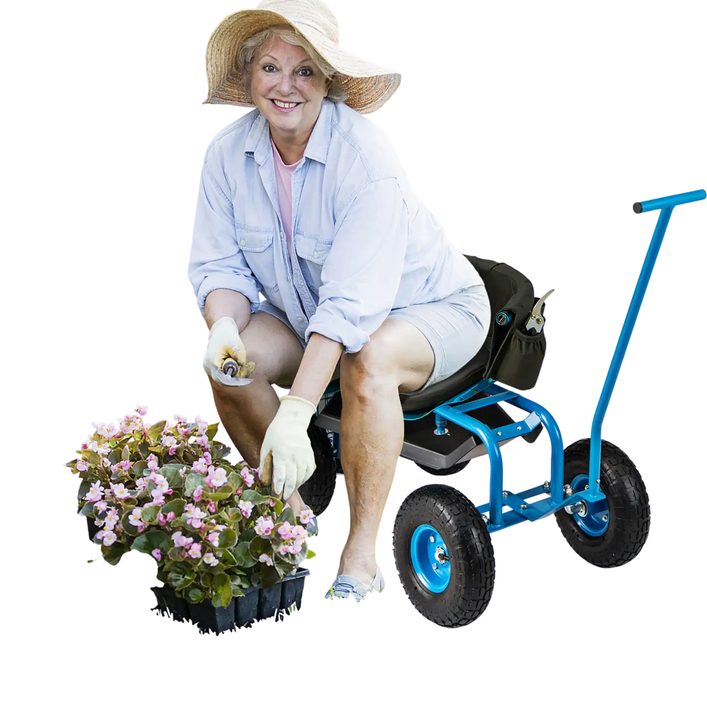 Rolling garden cart with height adjustable swivel seat, blue frame, and storage basket, ideal for gardening tasks.