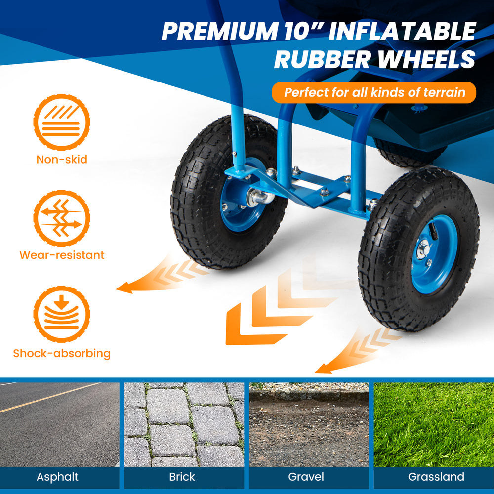 Premium 10" inflatable rubber wheels of the rolling garden cart, designed for shock absorption and various terrains.