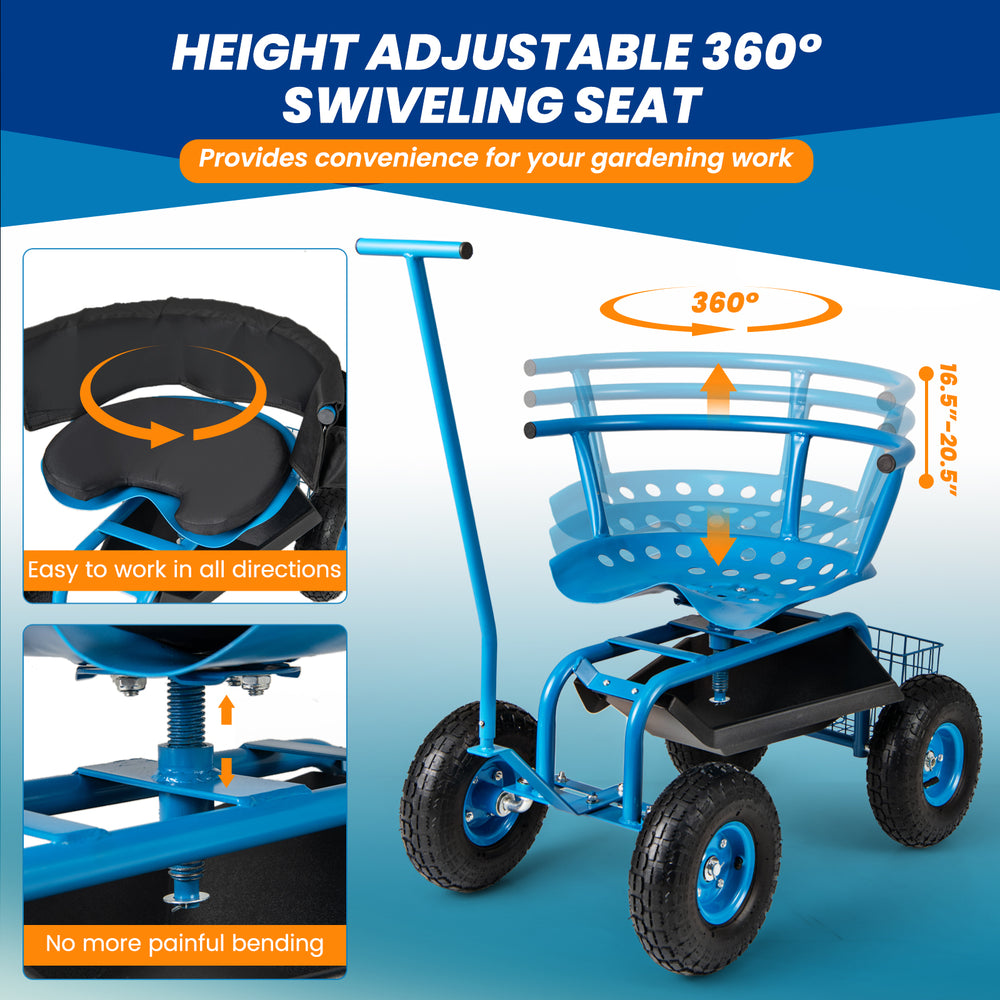 Rolling garden cart with height adjustable swivel seat, storage basket, and 360° mobility for comfortable gardening.