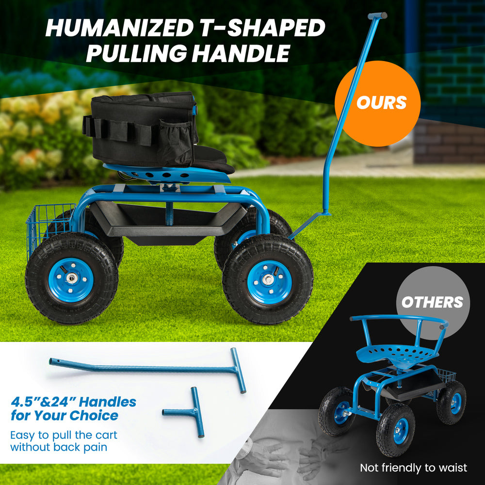 Rolling garden cart with height adjustable swivel seat, T-shaped pulling handle, and storage basket for easy mobility.