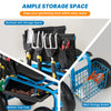 Rolling garden cart featuring a backrest with storage, bottom tool tray, and back storage basket for convenient tool.