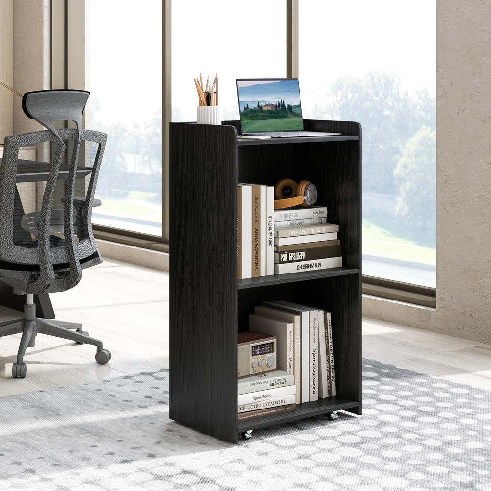 Rolling podium stand in black with two shelves and lockable wheels, ideal for speeches and lectures in modern spaces.