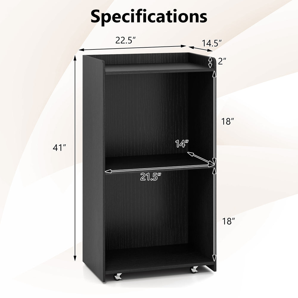 Rolling podium stand specifications with dimensions, featuring two shelves and lockable wheels in black for easy.
