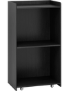 Rolling podium stand with two shelves, black finish, and lockable wheels, ideal for speeches and lectures.