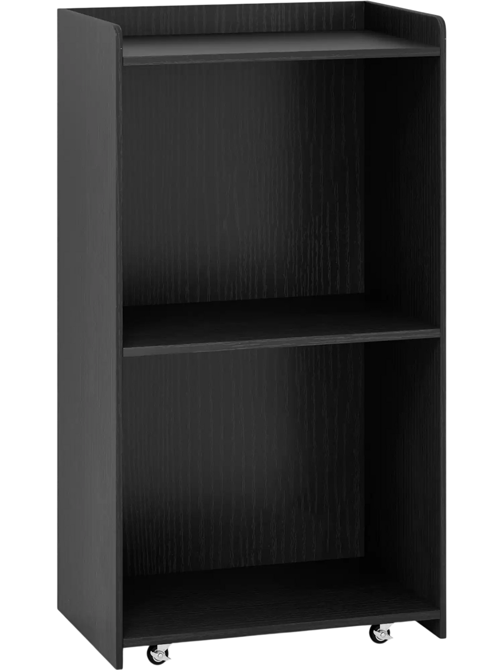 Rolling podium stand with two shelves, black finish, and lockable wheels, ideal for speeches and lectures.