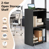 Rolling podium stand with 2 shelves, black finish, lockable wheels, ideal for speeches and lectures.