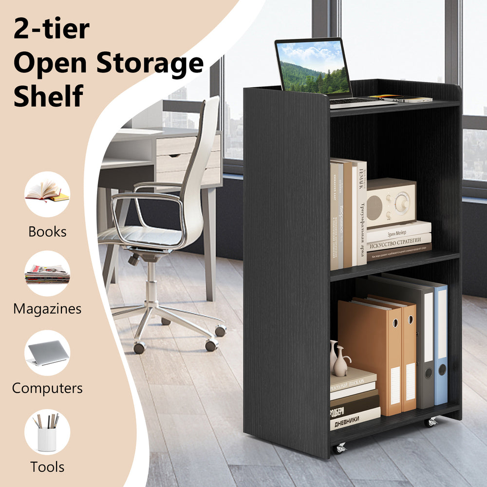 Rolling podium stand with 2 shelves, black finish, lockable wheels, ideal for speeches and lectures.