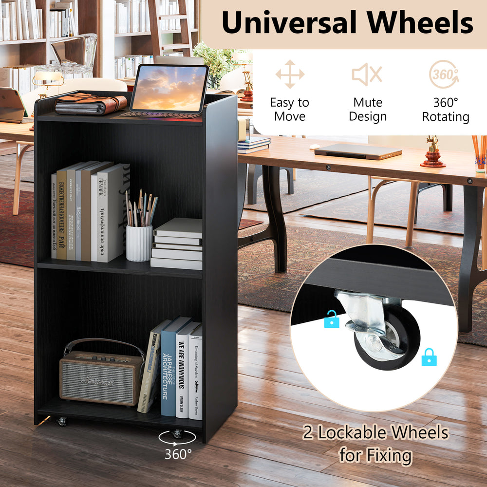 Rolling podium stand with 2 shelves, black finish, featuring lockable wheels for secure placement and easy mobility.