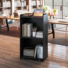 Rolling podium stand with two shelves, lockable wheels, and a spacious top for speech items in black finish.
