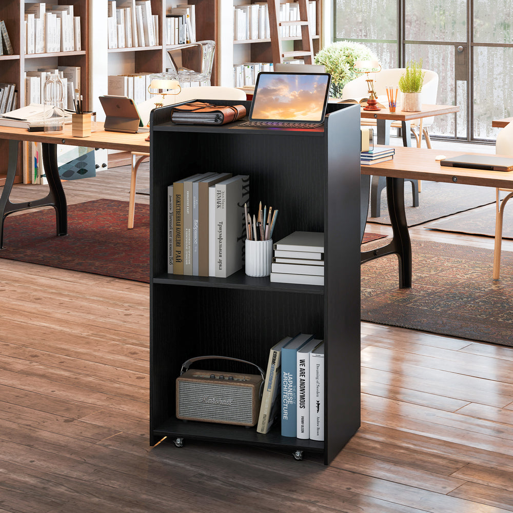Rolling podium stand with two shelves, lockable wheels, and a spacious top for speech items in black finish.